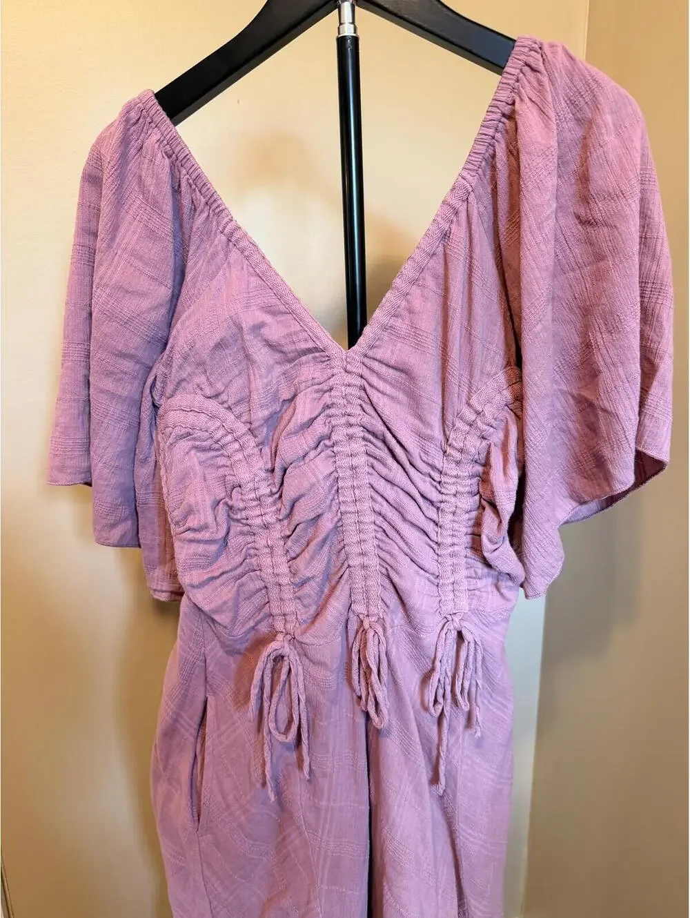 Free People Mauve Gauze Maxi Dress XS Boho Ruched Flutter Sleeve Cottagecore